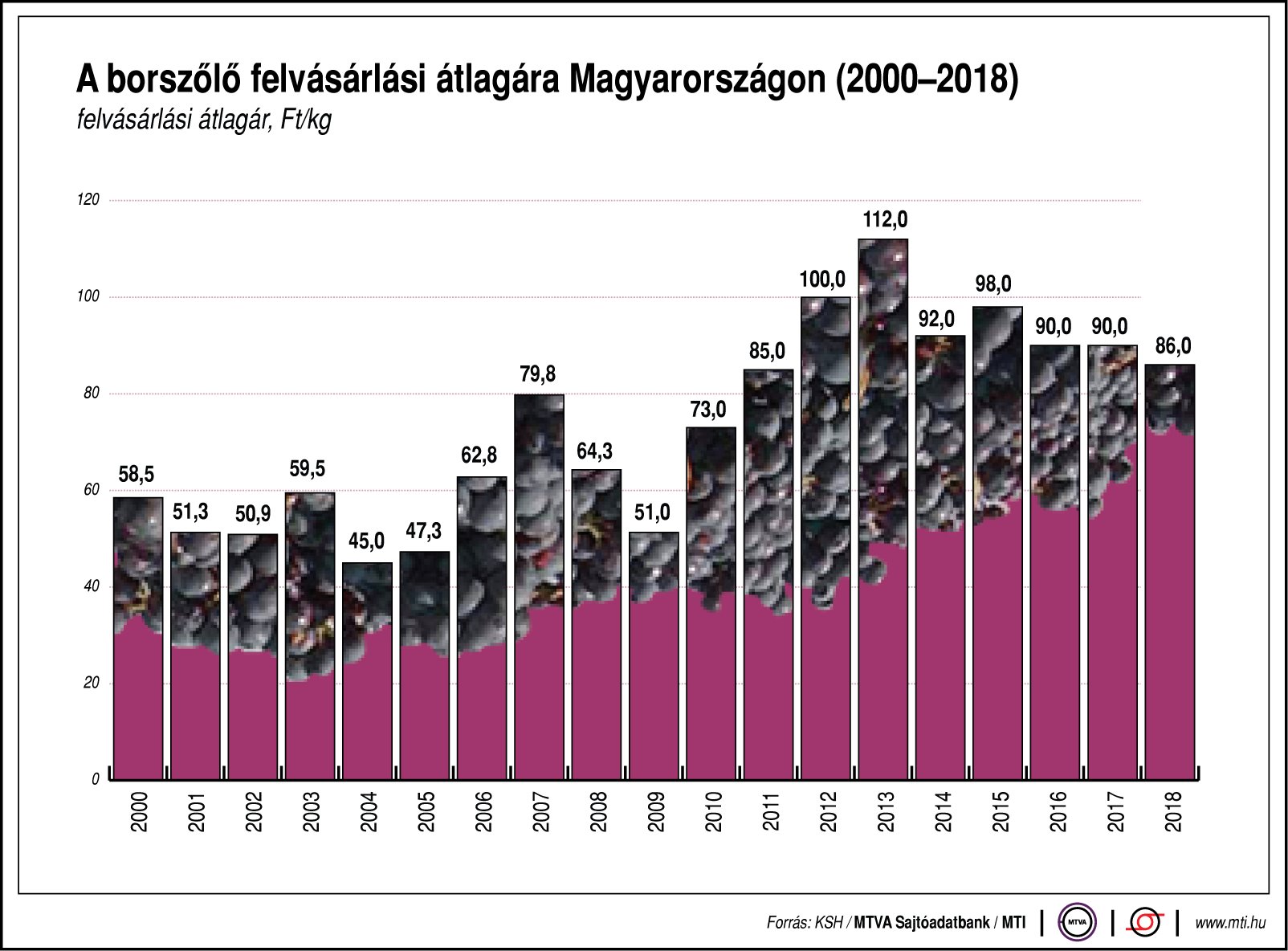 A borszőlő felvásárlási átlagára Magyarországon - ábrán mutatjuk