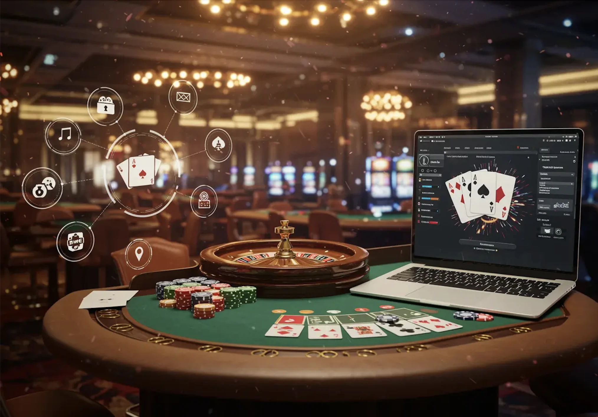 Kaszinóasztal zsetonokkal és rulettkerékkel, mellette laptopon online kaszinó felület látható, amely a hagyományos és online szerencsejáték világát egyesíti.
