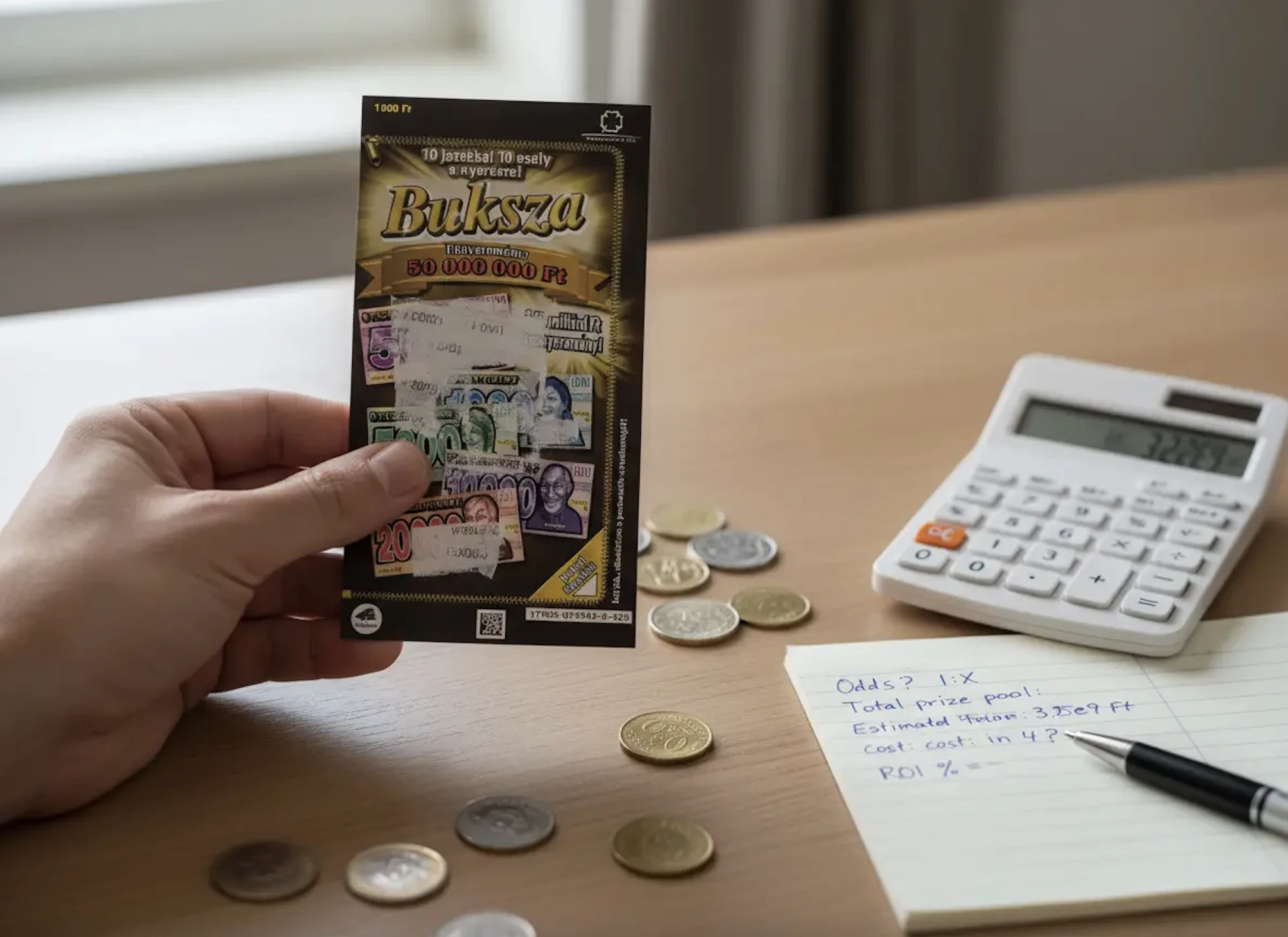Kaparós Buksza sorsjegy egy kézben, mellette számológép, jegyzet és pénzérmék az asztalon, amelyek a sorsjegy nyerési esélyeinek és megtérülésének kiszámítását jelképezik.