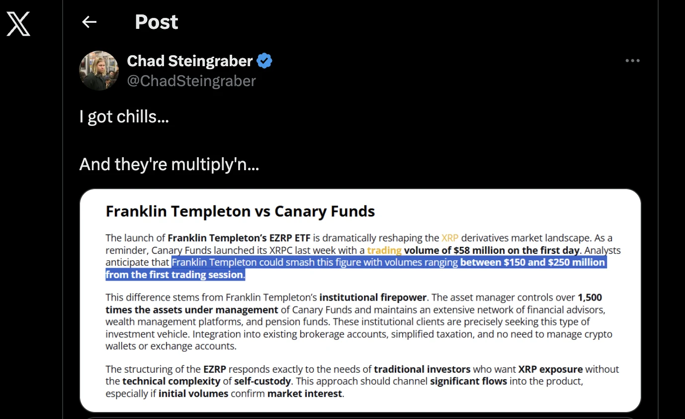 Chad Steingraber post about Frank Templeton XRP ETF EZRP