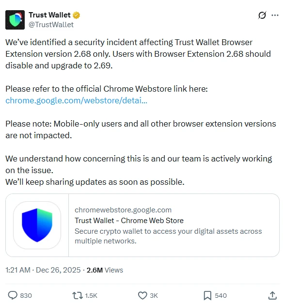 A Trust Wallet kriptotárca szolgáltató bejelentése a hacker támadásról