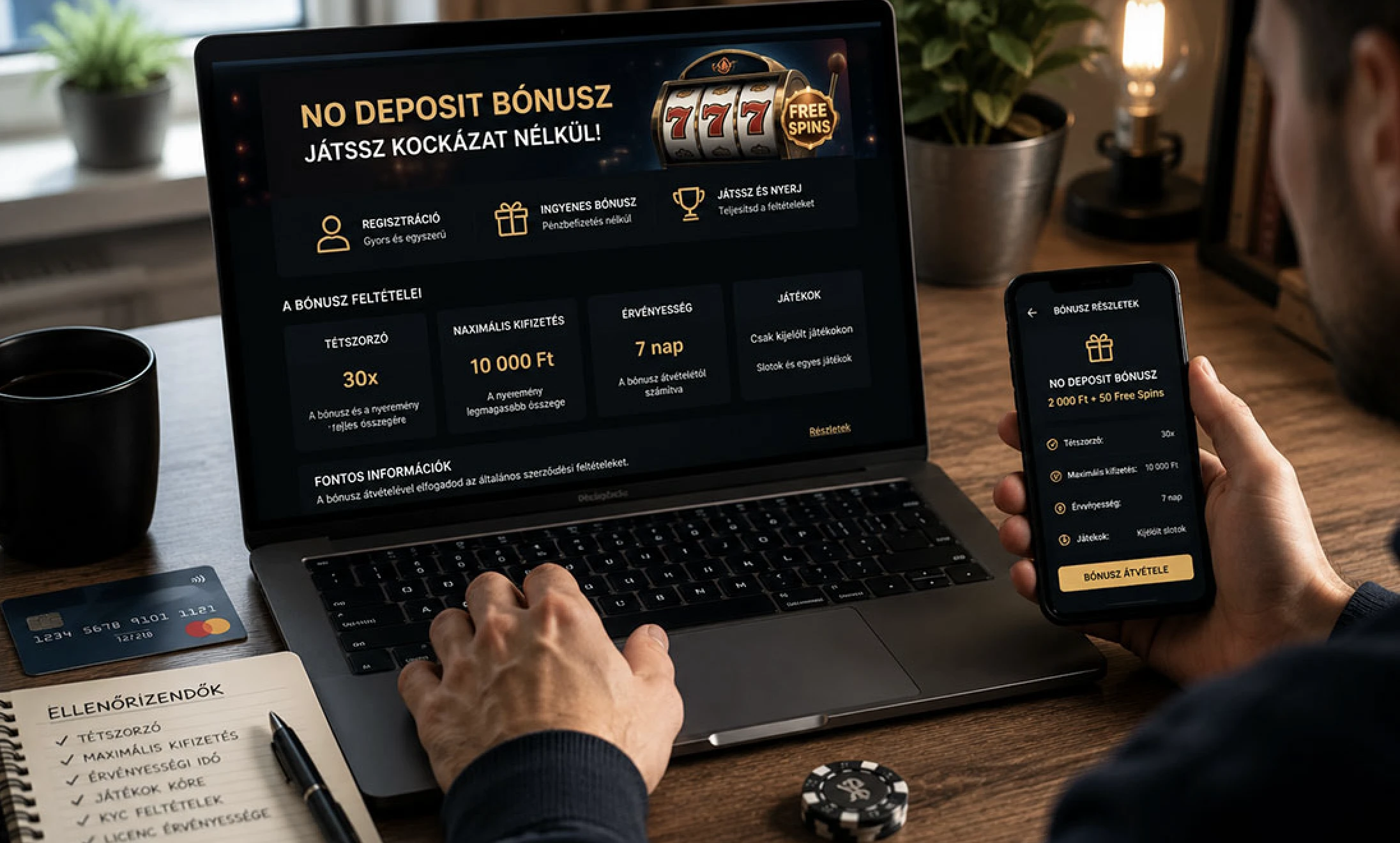 Befizetés nélküli bónusz feltételeinek ellenőrzése laptopon és telefonon