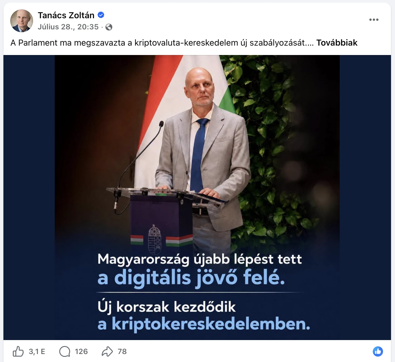 Tanács Zoltán miniszter FB posztja a kriptovaluta szabályozás módosításáról